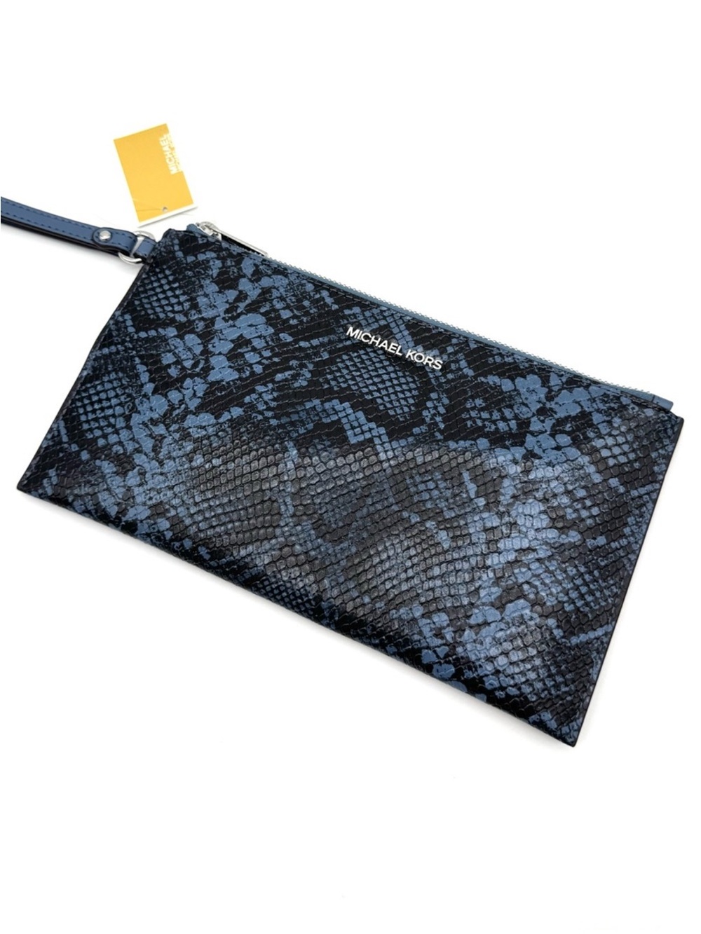 Michael Kors Large Jet Set Travel Snakeskin TZ Wristlet Denim - Picture 1 of 6